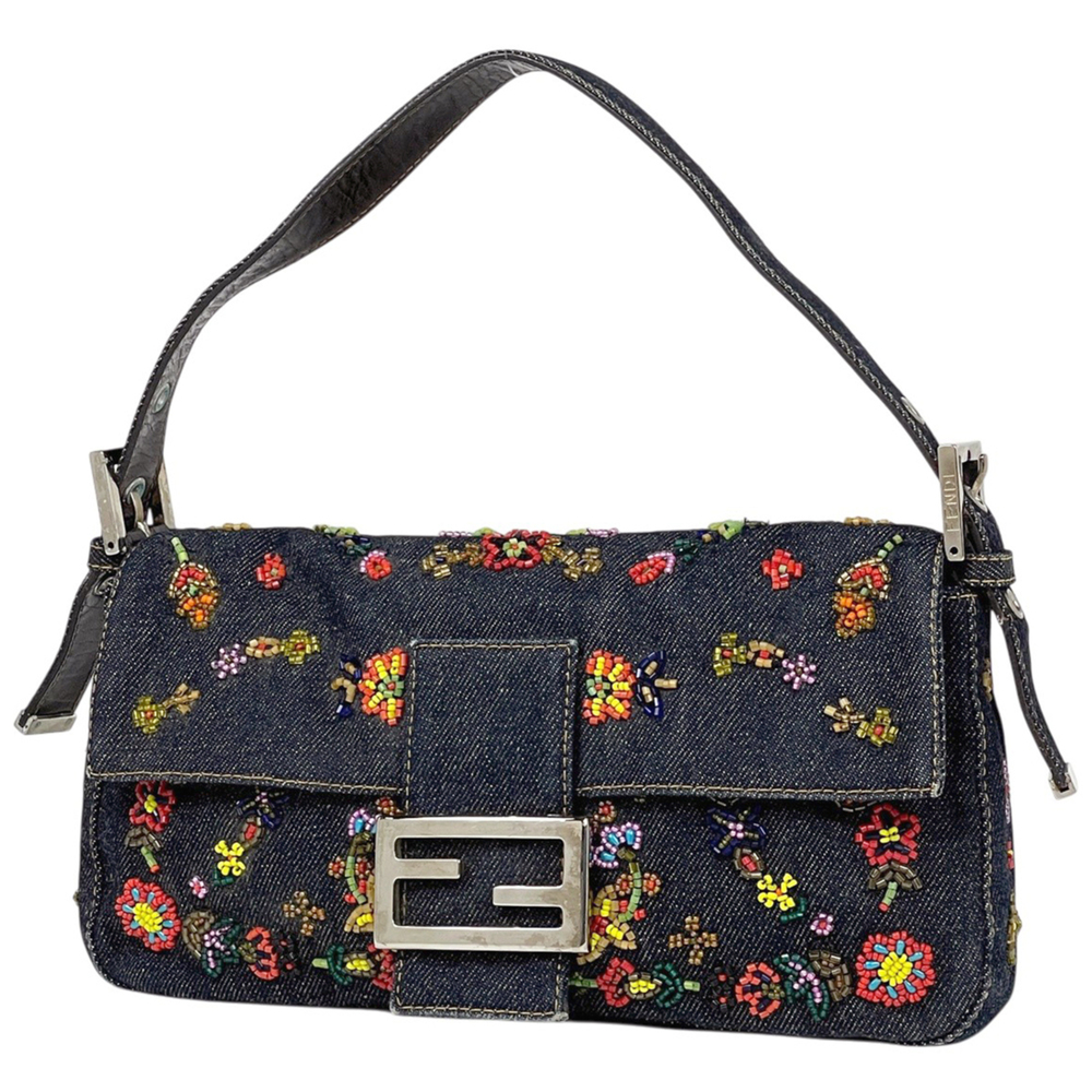 Fendi Zucca pattern Mamma Baguette beaded embroidered shoulder bag, denim nav...